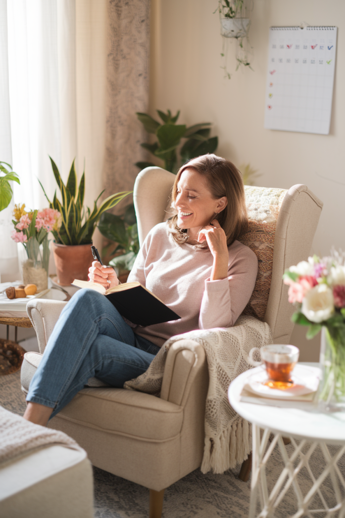 A woman journaling in a cozy setting, surrounded by self-care items, symbolizing personal growth during a 30-day self-care challenge