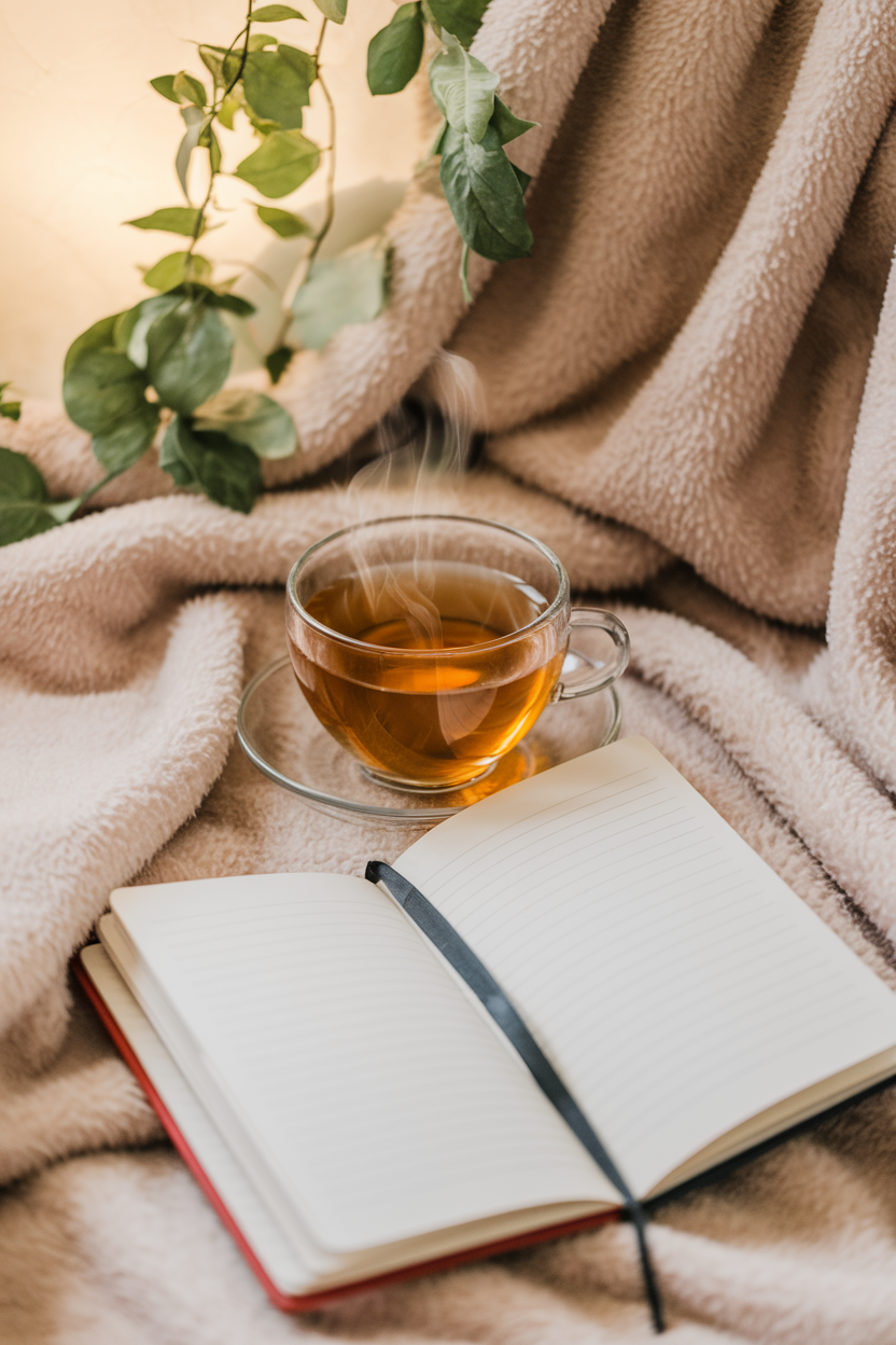 Cozy corner setup for a self-care challenge with tea and journal