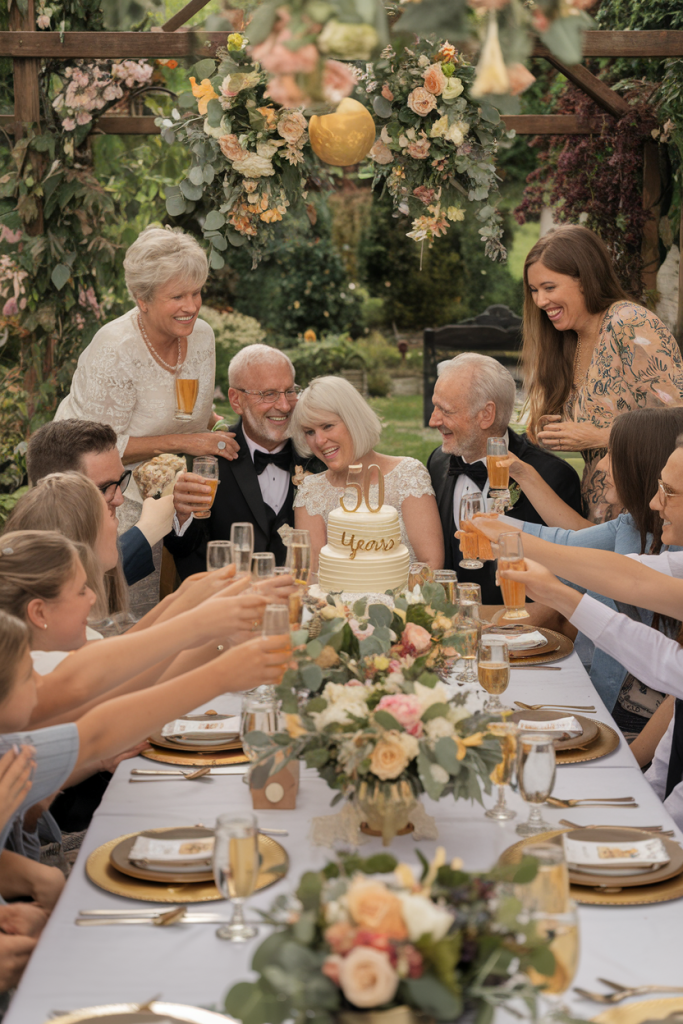 An older couple celebrating their 50th wedding anniversary with family in a garden setting, surrounded by love and golden decor