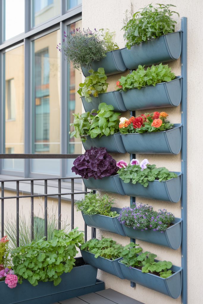 A lush vertical garden with various plants mounted on a balcony wall.