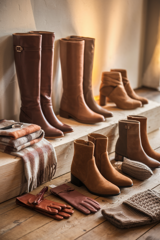 Stylish knee-high leather and suede ankle boots in earth tones, arranged with winter accessories on a wooden floor.