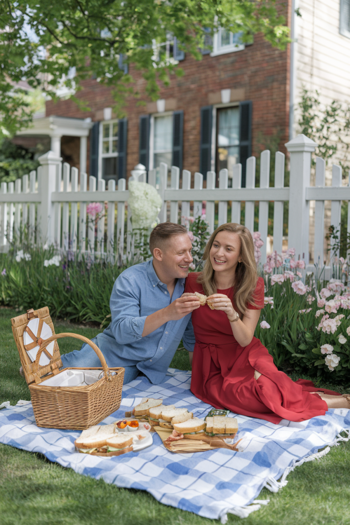 Affordable anniversary picnic with a couple in a backyard.