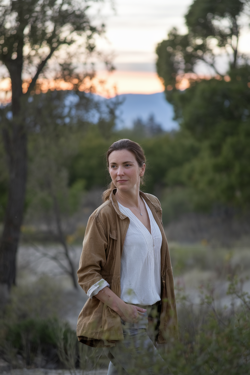 A confident woman in her 40s stands outdoors, embodying empowerment and personal growth with a serene expression amidst natural surroundings, representing balance and holistic wellness.