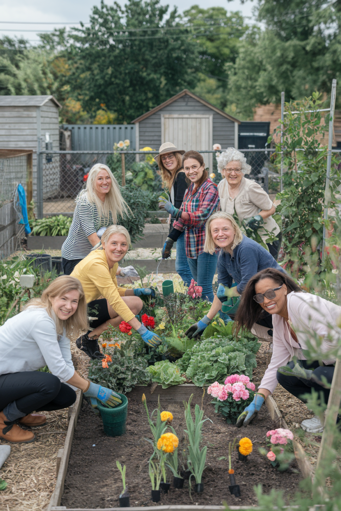 A group of women, primarily over 35, engaged in joyful social interaction and gardening at a community garden