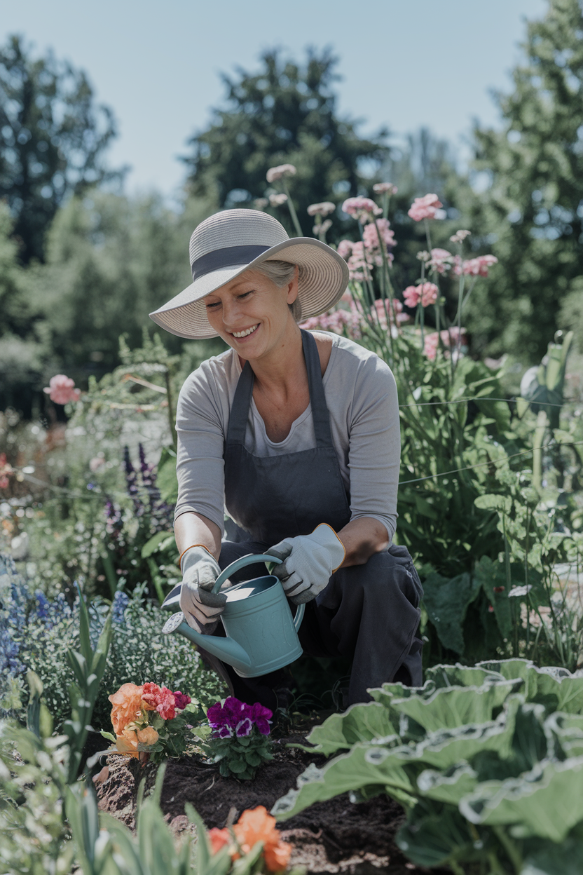 A woman in her 40s happily tending to a colorful garden, symbolizing the mental health and well-being benefits of gardening for women.