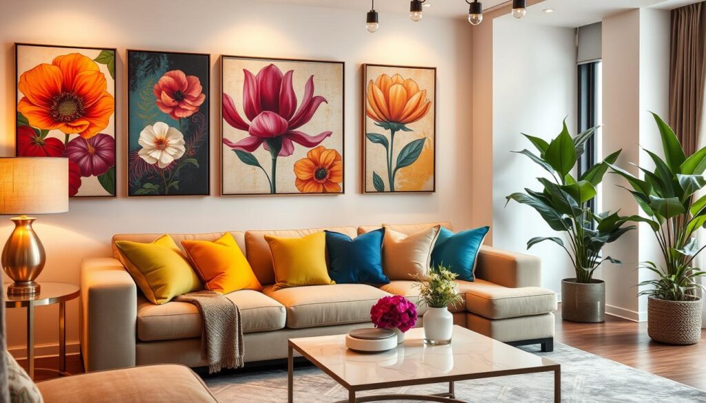 accessorizing living room with cushions and wall art