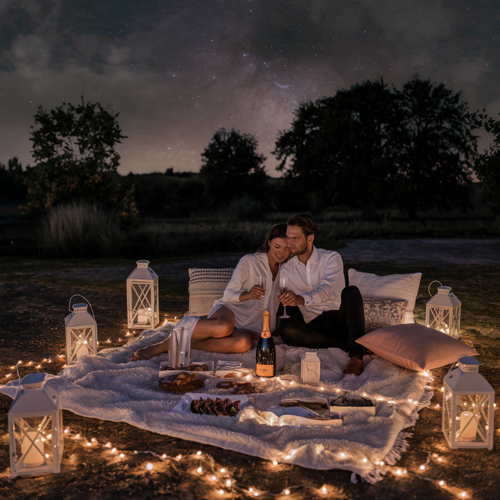 A romantic scene of a couple sitting under the stars having a picnic for a surprise anniversary celebration.