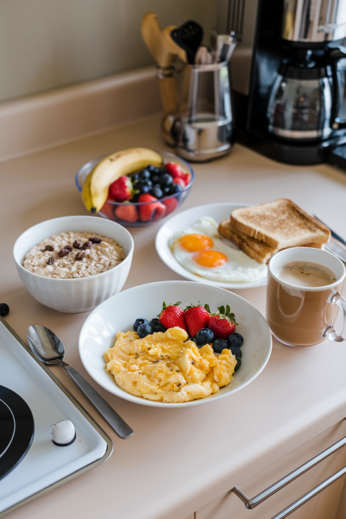 A breakfast spread featuring eggs, oatmeal, and fruits, set on a kitchen counter to highlight morning nutrition benefits