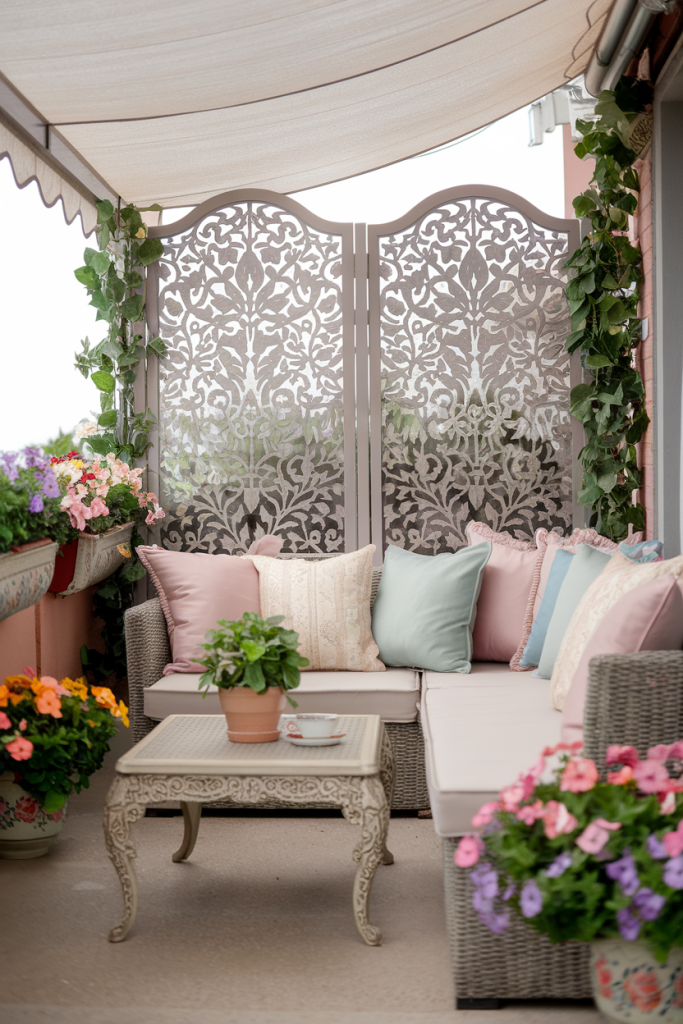 A feminine balcony with a floral-patterned privacy screen, cozy seating, and vibrant greenery, creating a serene and elegant space