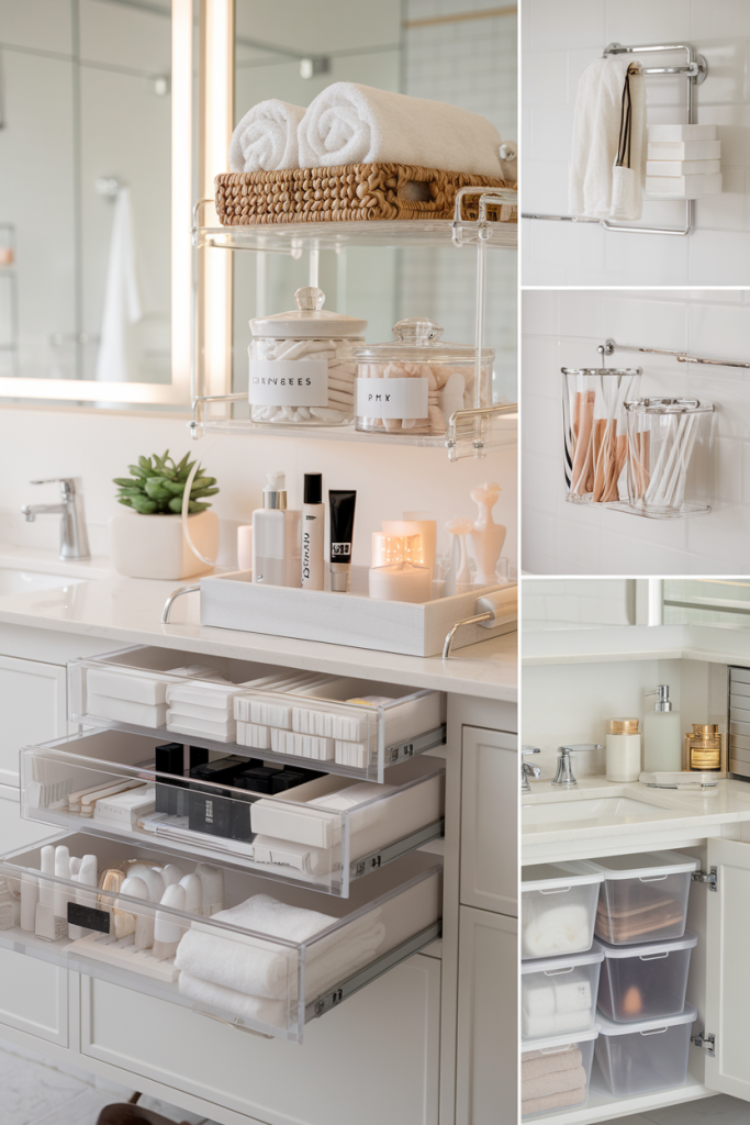 A well-organized bathroom with acrylic drawers, labeled jars, and tiered shelves, showcasing practical and stylish storage solutions.