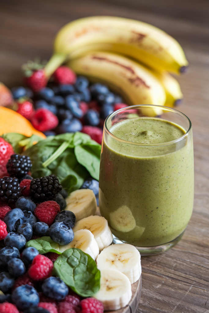 Collage of fruits, vegetables, and a glass of smoothie showcasing health benefits