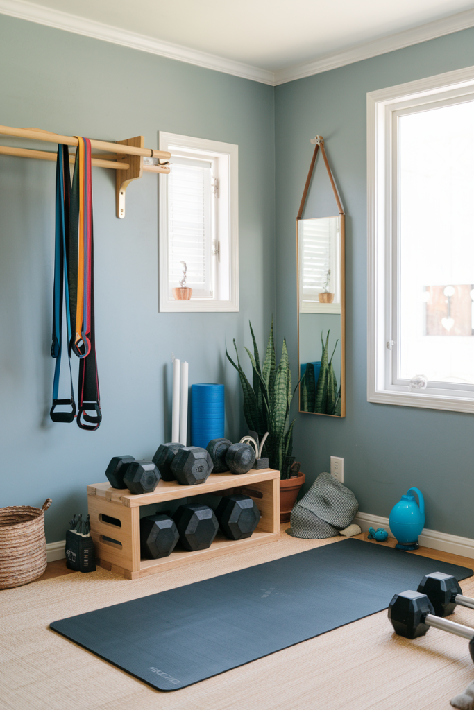  Home gym setup with resistance bands, yoga mat, and free weights.