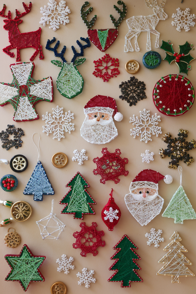 String art and button decorations with intricate designs in various colors, laid out on a craft table.