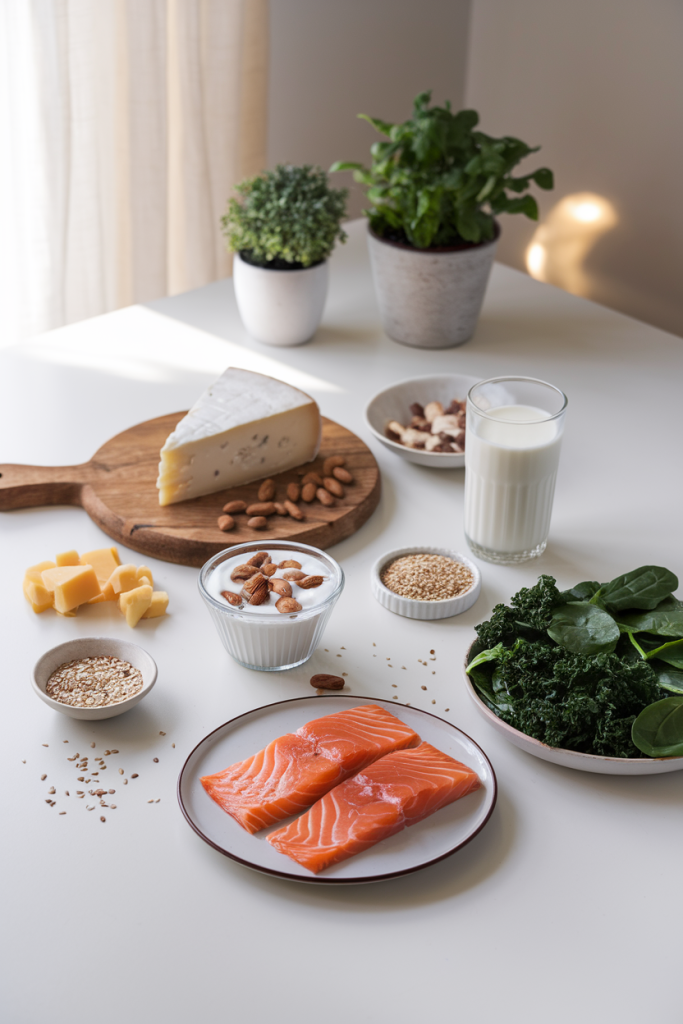 An arrangement of calcium-rich foods including yogurt, cheese, milk, leafy greens, and almonds, promoting bone health.