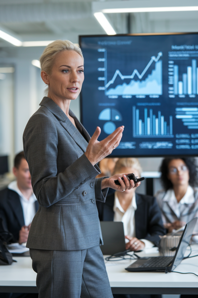 woman over 40 leading a meeting as she is the boss