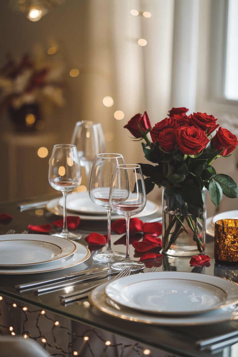 A beautifully decorated table set for an anniversary dinner, featuring candles, elegant plates, and wine glasses. The table is adorned with red roses and scattered petals, set against a softly lit, romantic background.