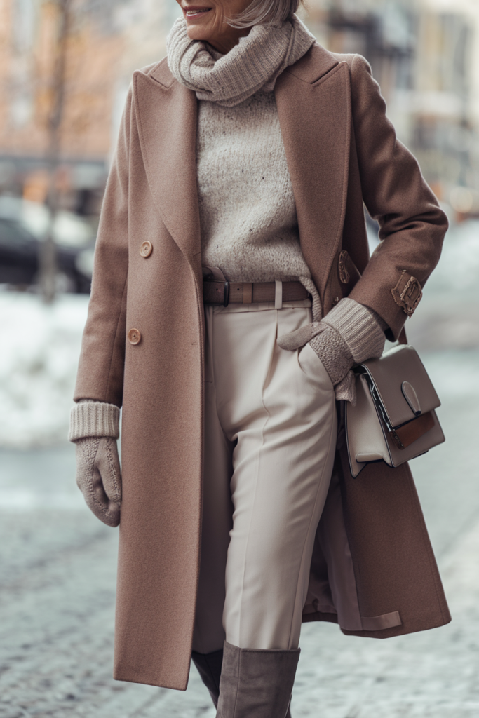 Camel wool coat accessorized with a patterned scarf and leather gloves, highlighting timeless winter fashion.