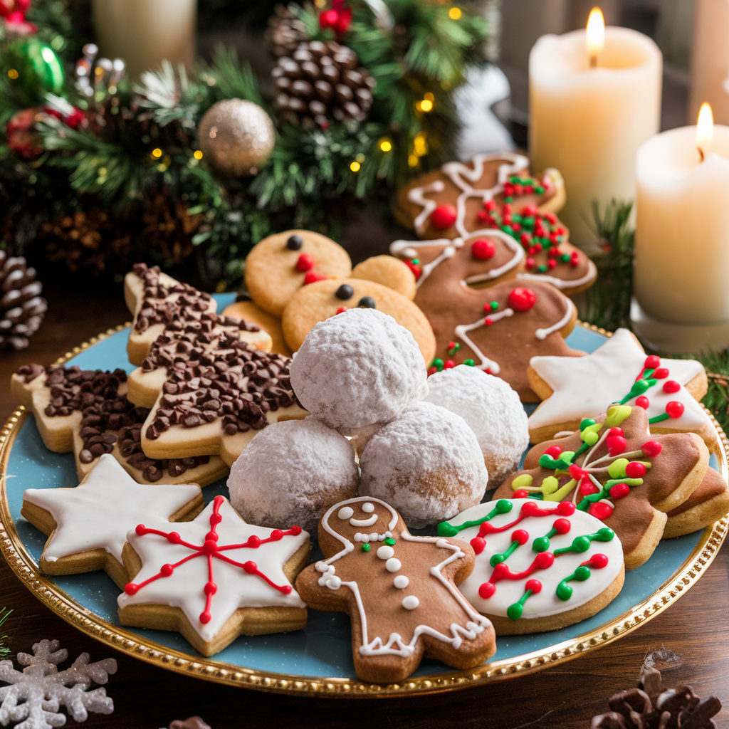 An assortment of decorated Christmas cookies, including sugar and gingerbread cookies, displayed on a wooden table with holiday lights.