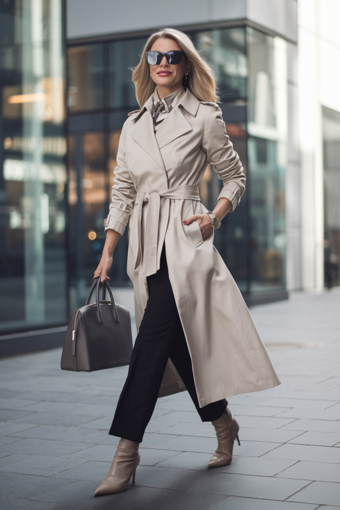 A stylish woman in her 40s wearing a classic beige trench coat, walking confidently through a city street with modern flair