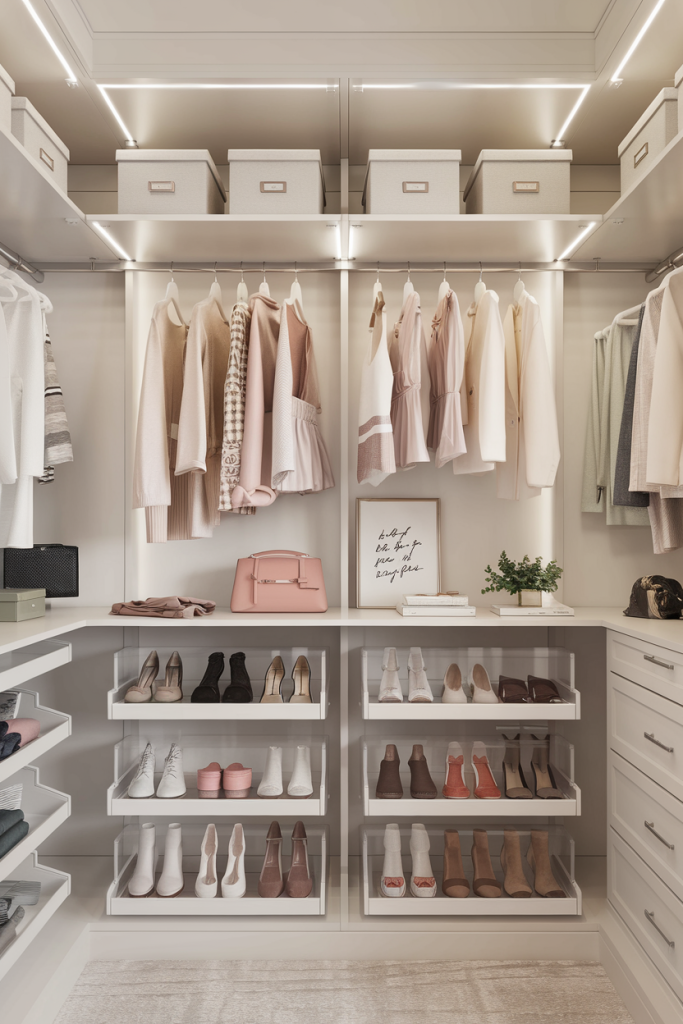 A neatly organized closet with hanging shelves, storage boxes, and velvet hangers, showcasing efficient and stylish storage solutions for women.