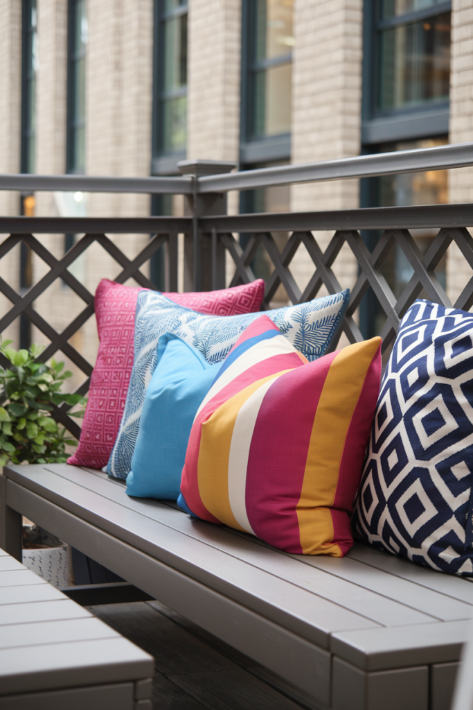 A vibrant set of weather-resistant outdoor cushions in assorted patterns and colors, brightening up a simple balcony seating area