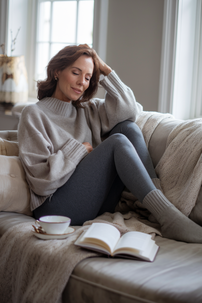 A woman in her 40s lounging in comfortable leggings paired with a cozy sweater, enjoying a relaxing moment at home.