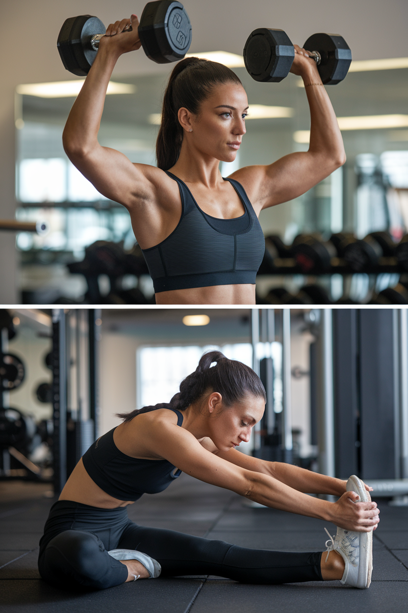 Woman performing strength training and stretching, highlighting balanced workout components.