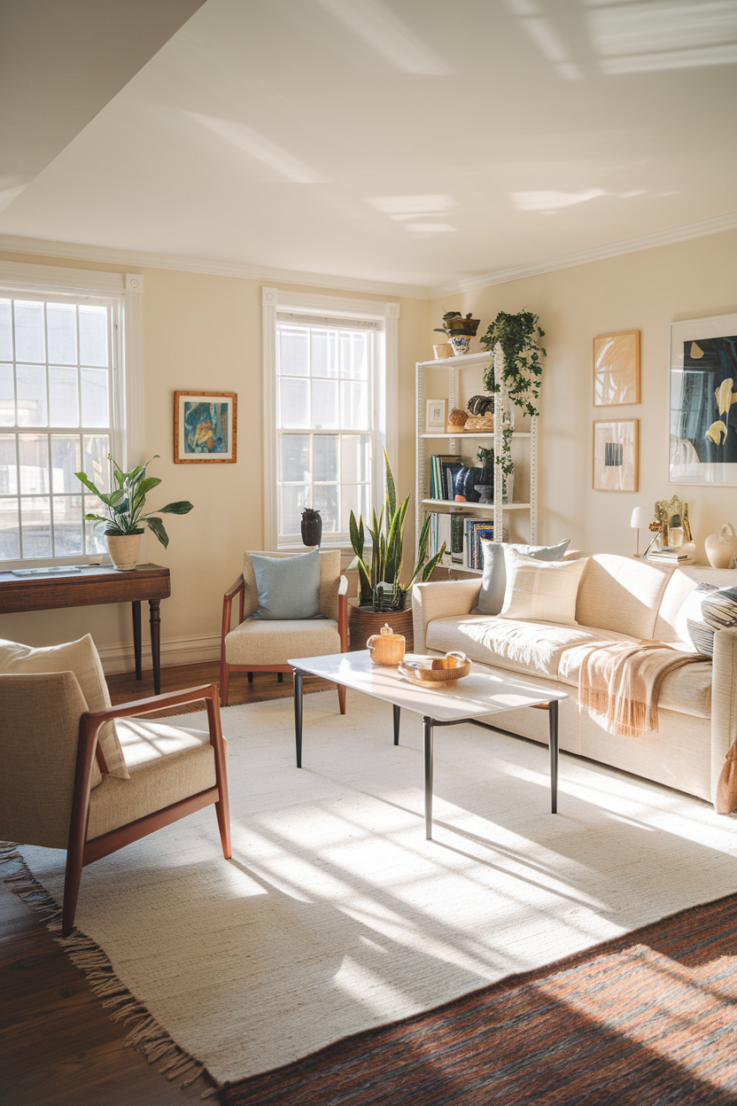 A well-organized and clean living room with natural light, showcasing a calm and inviting atmosphere.