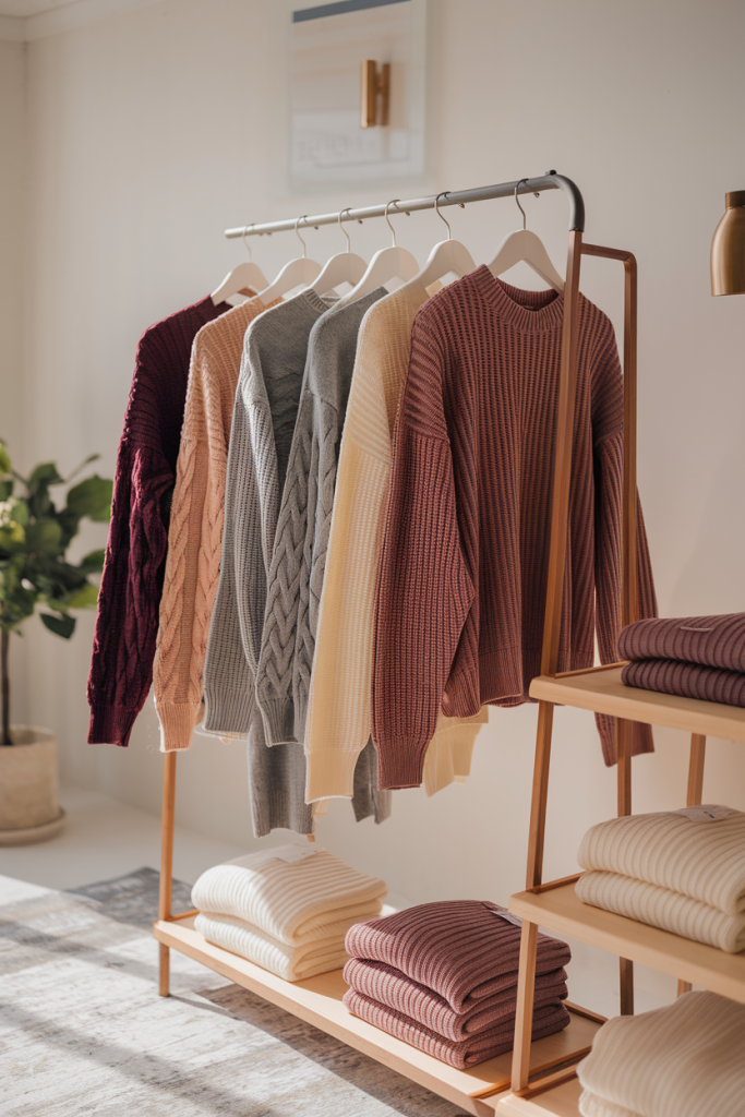 A collection of knit sweaters in deep burgundy, soft gray, and warm cream, neatly displayed on a clothing rack with a minimalist backdrop and natural lighting.