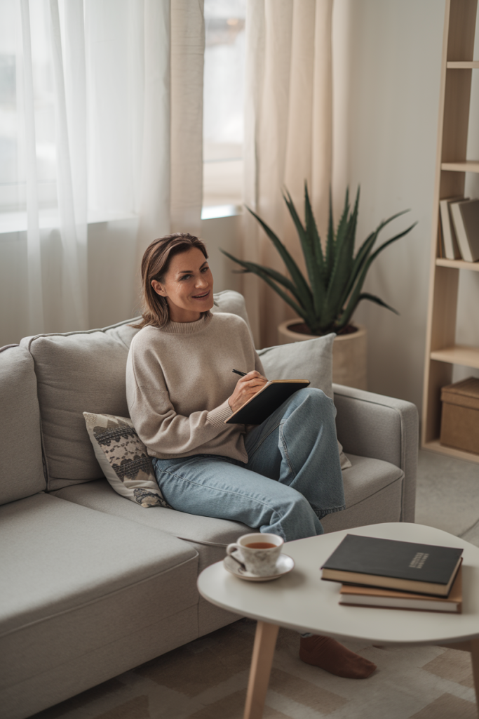 woman over 40 sitting on couch journaling for self-awareness