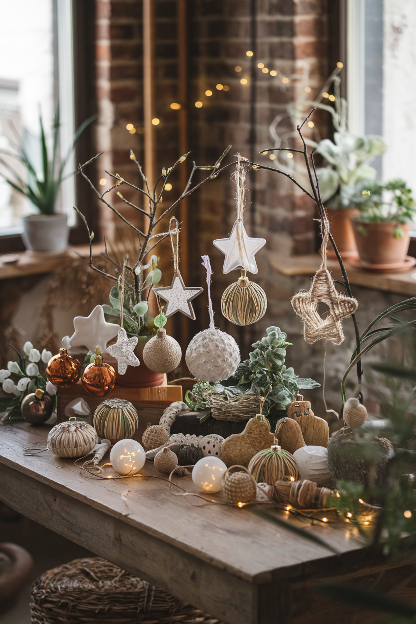 A collection of DIY Christmas ornaments crafted from buttons, twine, and light bulbs, displayed on a wooden table.