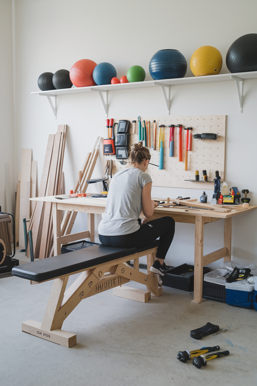 A DIY project setup for building a gym bench, with tools and materials laid out in an orderly fashion for easy access.