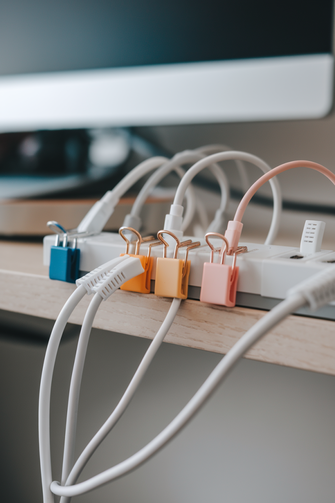 Cables organized with clips and sleeves, providing an example of neat and orderly cord management behind a desk.