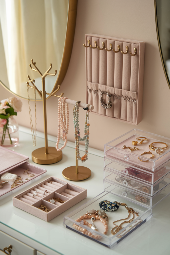 A collection of jewelry organizers, including a jewelry tree, velvet box, and wall-mounted hooks, styled on a vanity table for elegant storage.