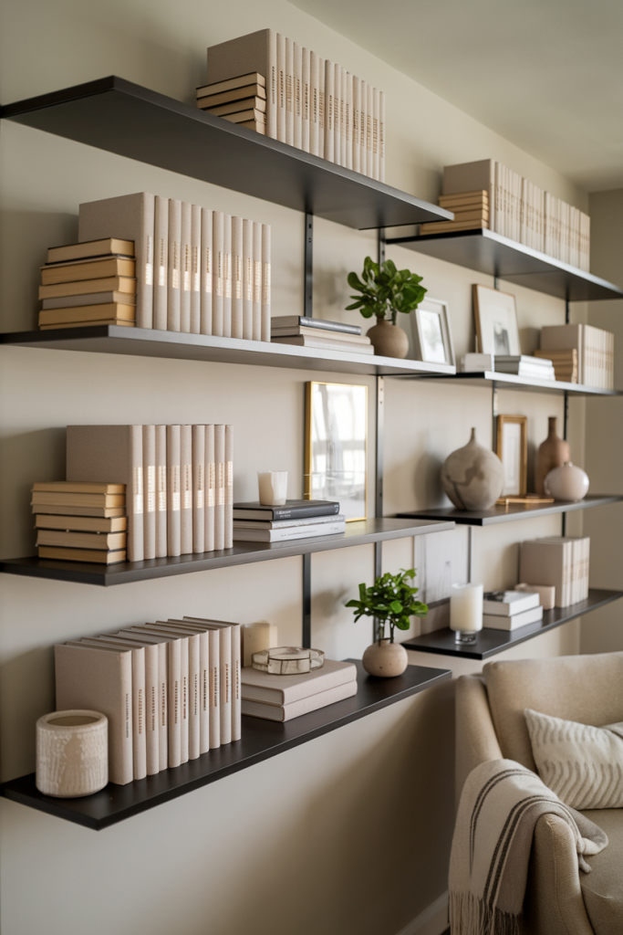 Wall-mounted shelves in a living room arranged with books, plants, and decorative objects, balancing function and style.