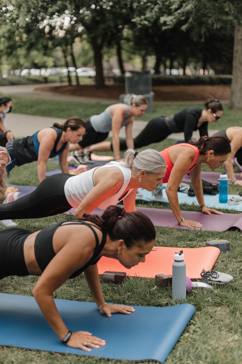 Diverse group of women over 35 performing exercise in a park, representing empowerment.