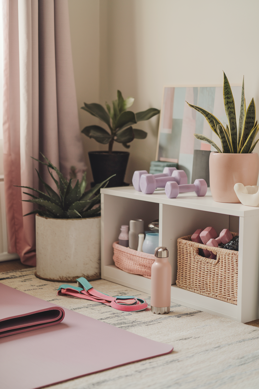 A stylish home gym corner with a yoga mat, resistance bands, and dumbbells, featuring a plant and pastel water bottle for a feminine touch.