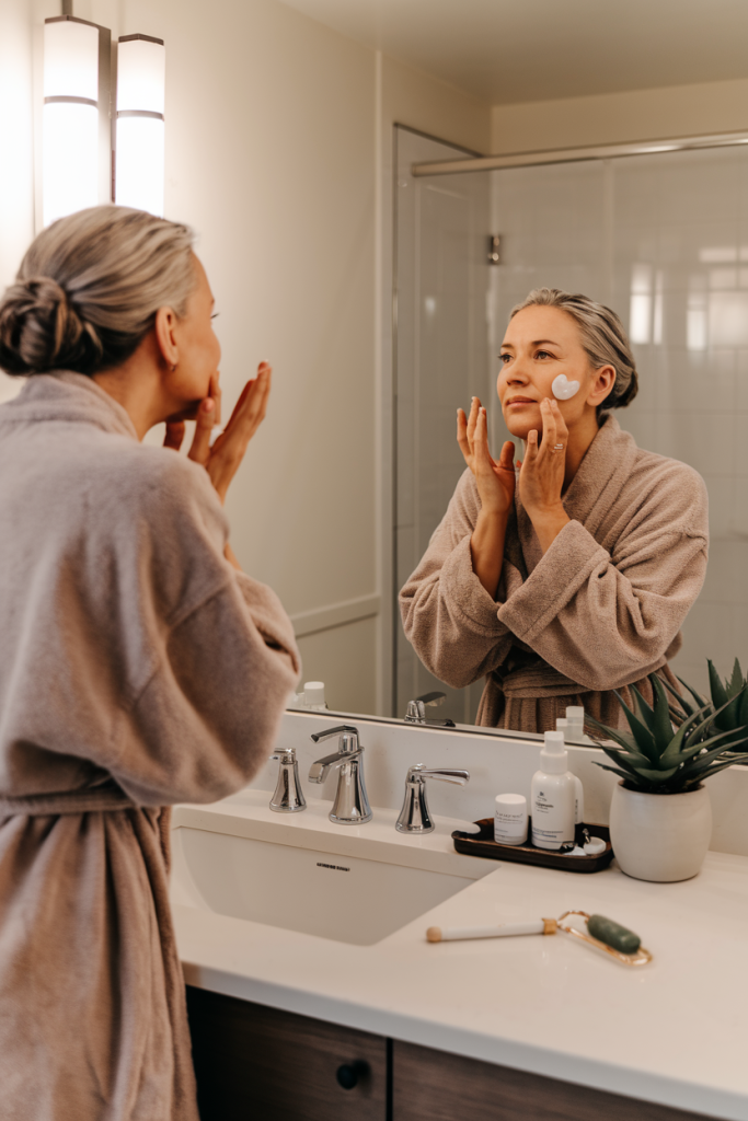 woman over 40 performing skincare routine