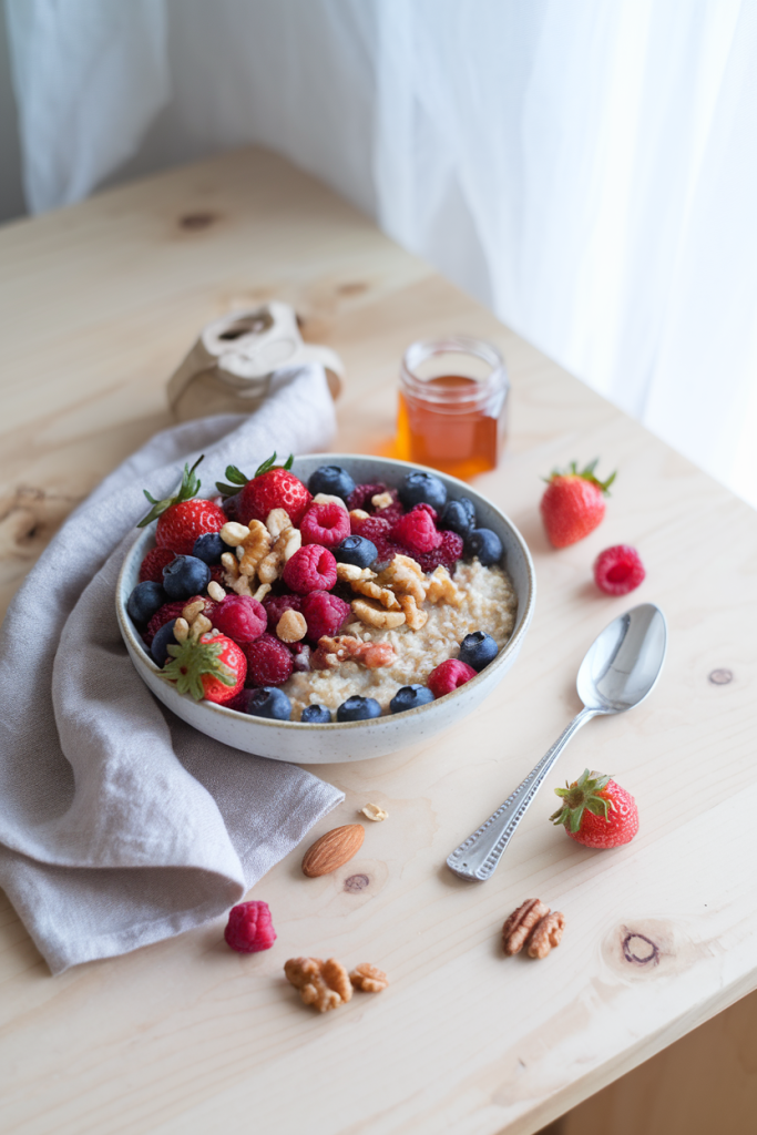 A bowl of mixed berries, nuts, and oatmeal on a light wooden table, highlighting the benefits of fiber-rich foods for heart and digestive health.