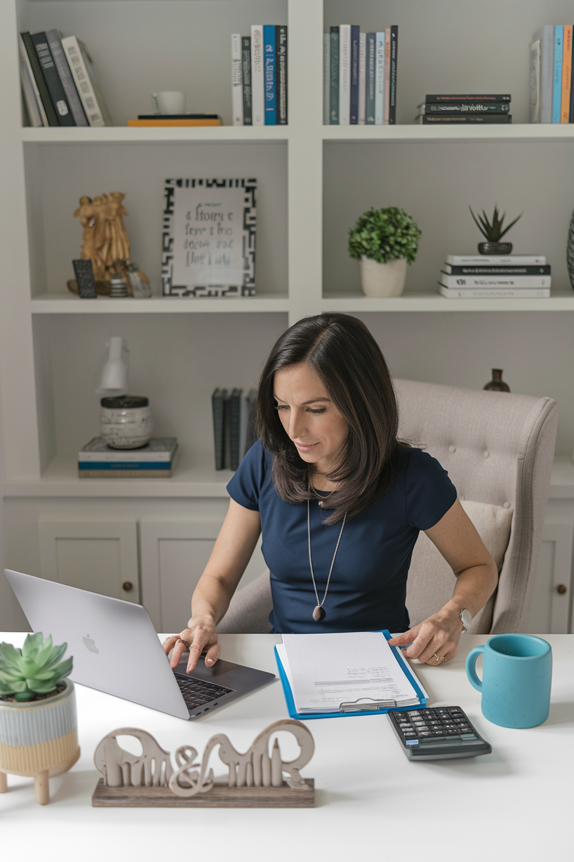 woman over 40 sitting at desk planning financial independence