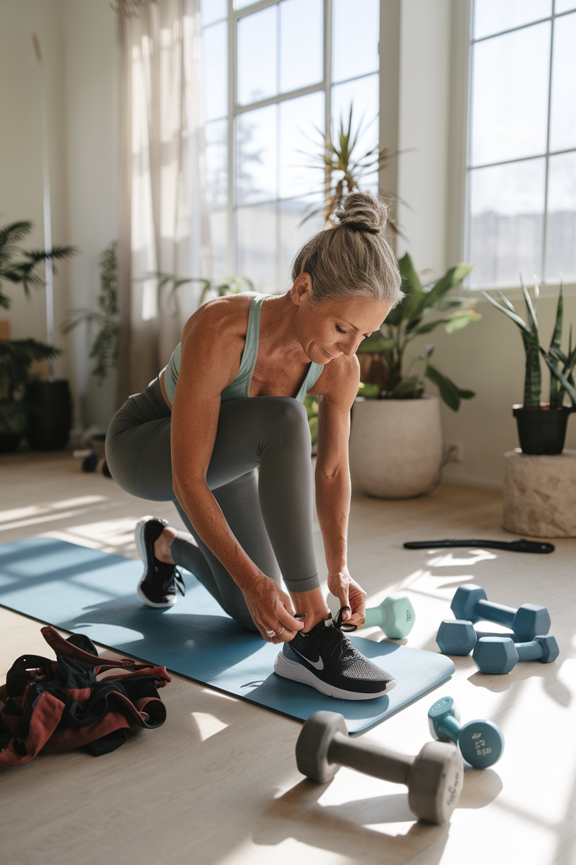 Woman over 35 stretching in a home setting, ready for a fitness journey.