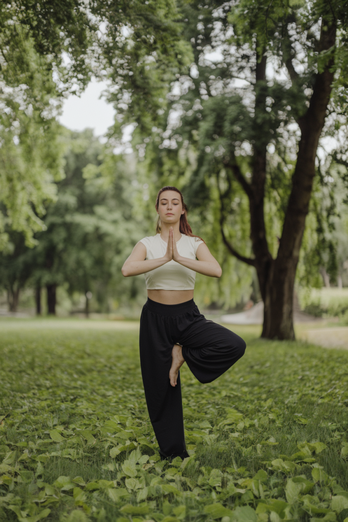 Woman over 35 practicing yoga and balance exercises to enhance flexibility and mobility.