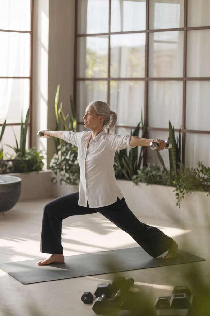 Woman over 35 performing fundamental exercises with correct form.Heading: Nutrition Basics to Su