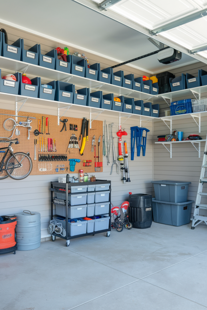 A well-organized garage with wall-mounted shelves, labeled bins, and a pegboard for tools, highlighting functional and efficient storage.