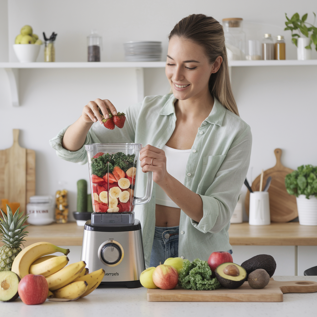 woman making a smoothie the correct way in a nice kitchen. 