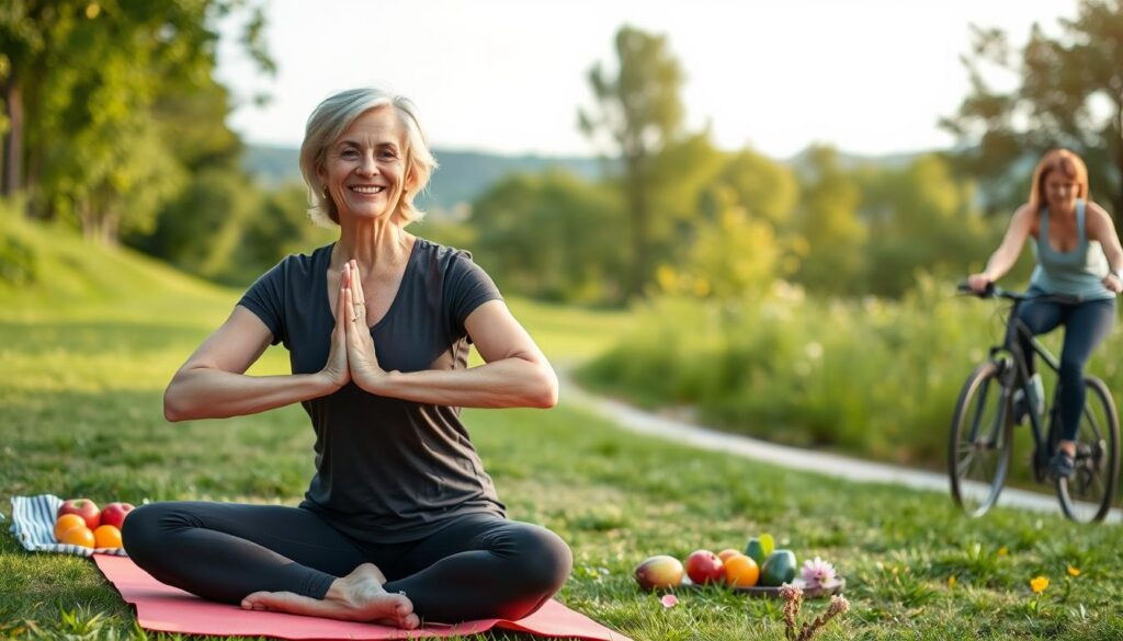 woman over 40 doing yoga in a park a part of a glow-up habit