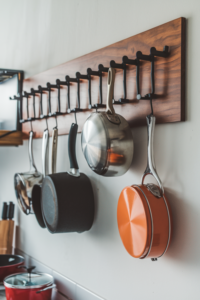 Modern kitchen wall with hanging pots and pans, showcasing creative storage solutions.