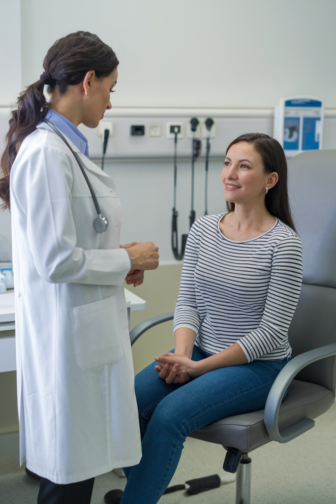 A doctor conducting a health check-up on a woman over the age of 35 in a medical office.