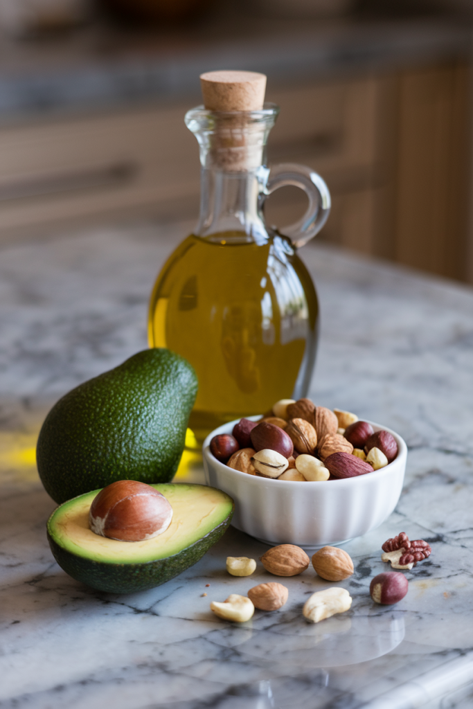 Avocados, nuts, and olive oil, arranged to emphasize the importance of healthy fats for women over 40.