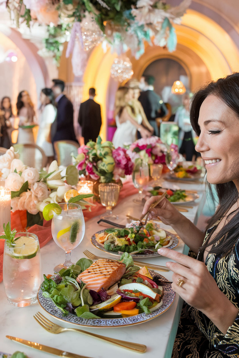 A woman enjoying a healthy meal with water at a festive party, surrounded by warm lighting and elegant decorations.